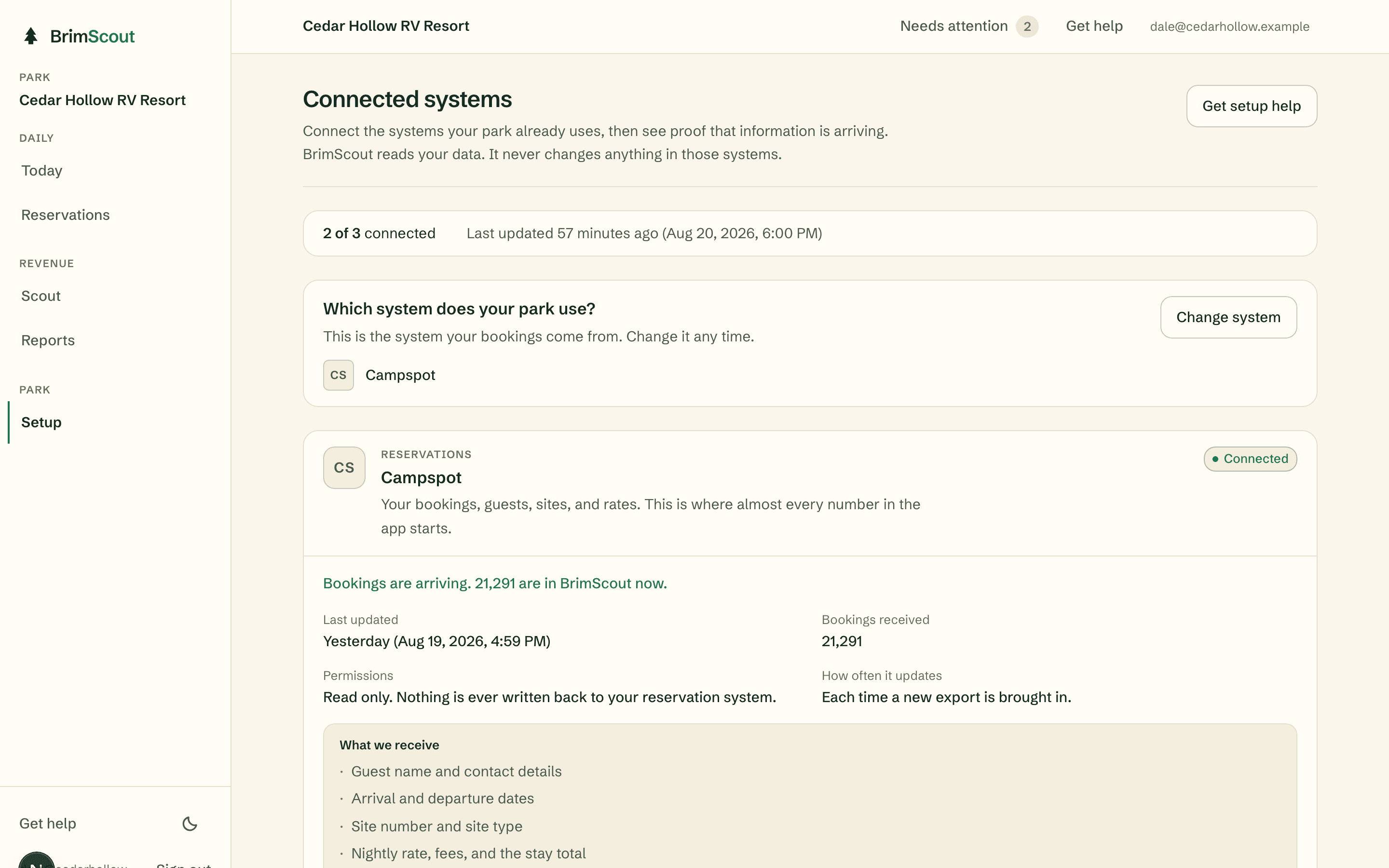 The Connected systems screen: which system the park's bookings come from, when data last arrived, what is received, and a read-only permissions note.