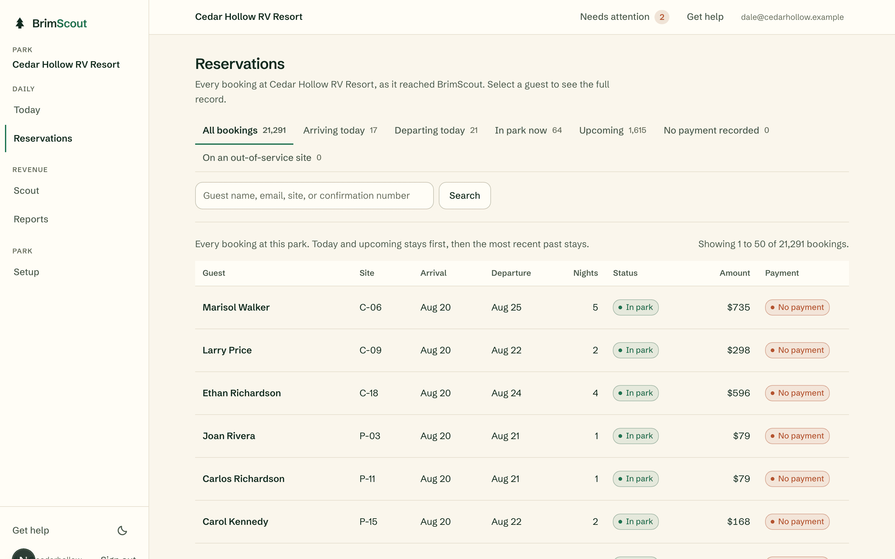 The Reservations screen: every booking with guest, site, arrival, departure, nights, status, amount, and payment state, with tabs for arriving today, departing today, and in park now.