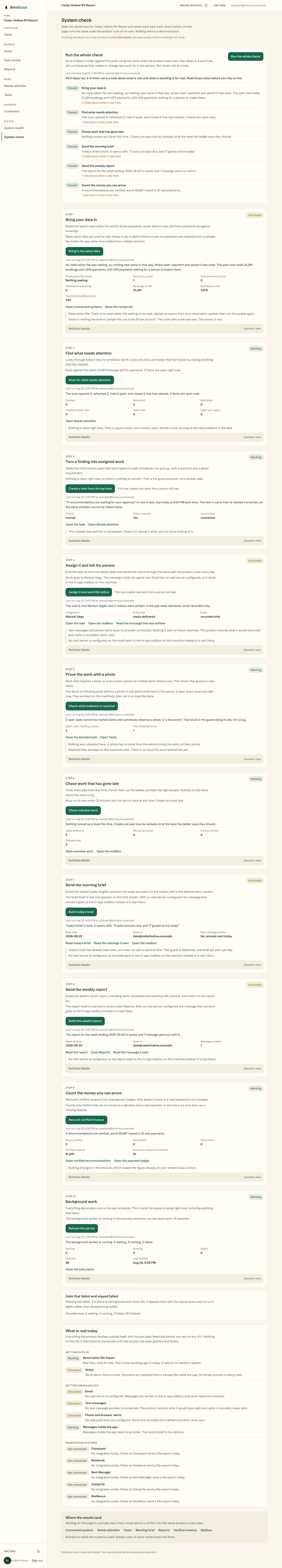 The System check screen: a ten-step walk of the demo park from data arriving through Scout findings, assigned work, photo evidence, the morning brief, the weekly report, and verified revenue, each step showing a passed result.